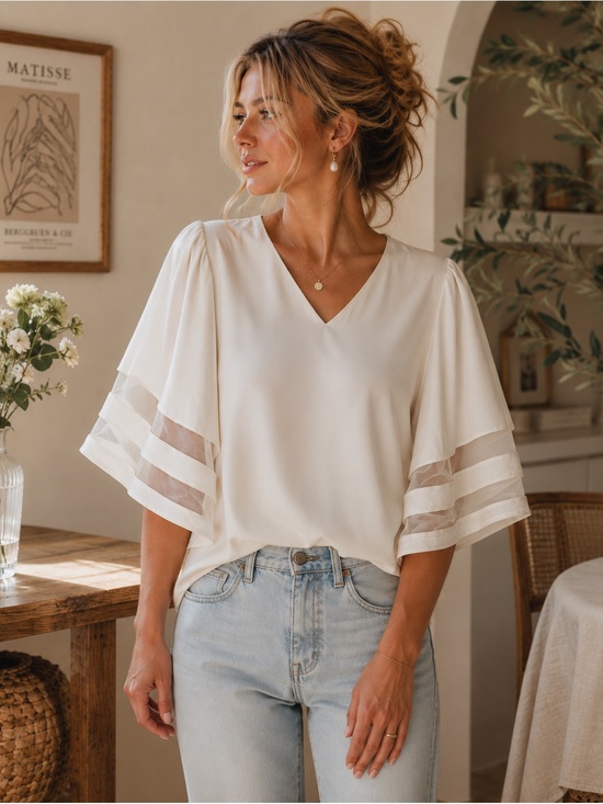 Zenana Tops - Zenana Cream Flowy Bell Sleeve Mesh Blouse Size L Quiet Luxury Soft Feminine